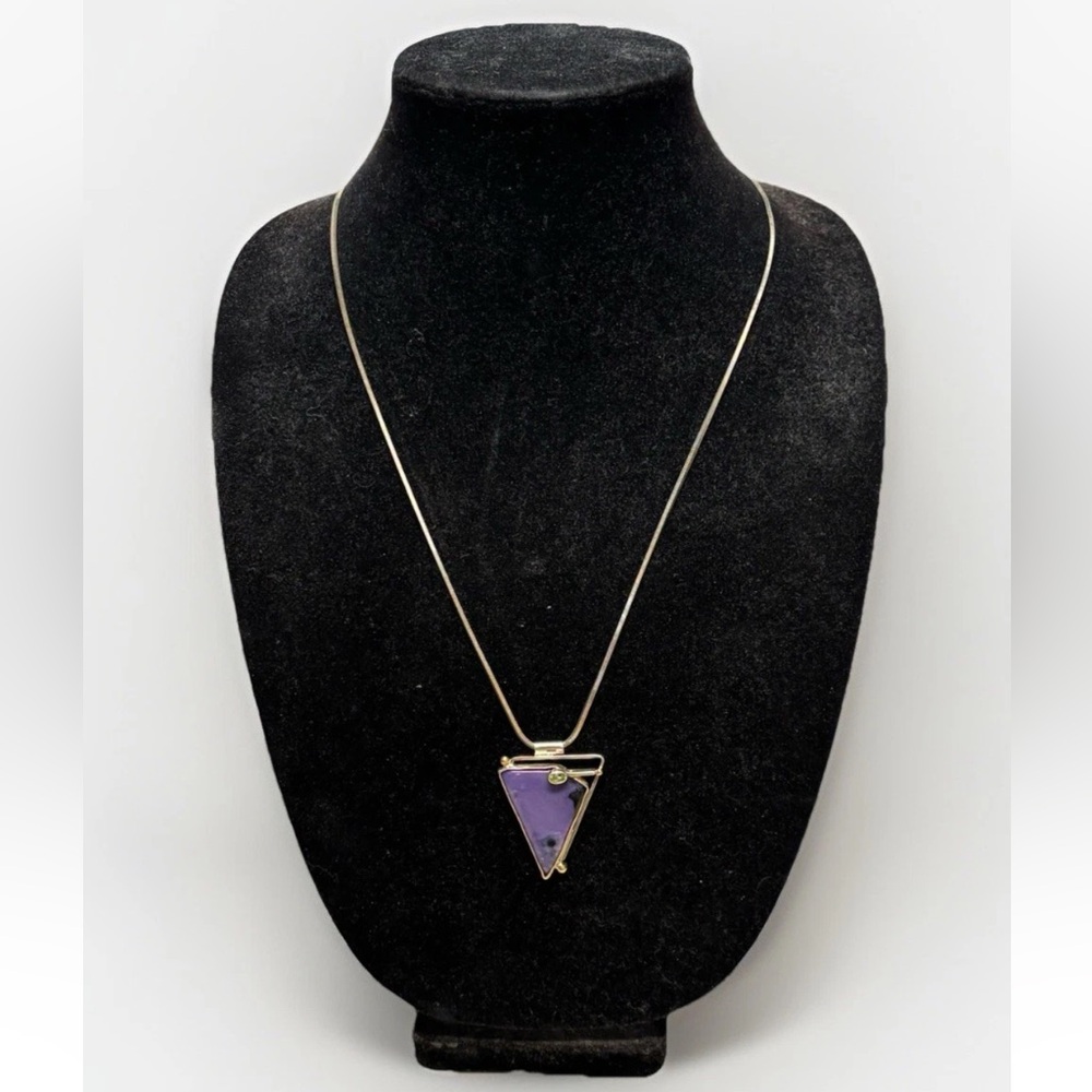 Silver Chain Necklace with Designer Purple Turquoise Pendant & Peridot #3790